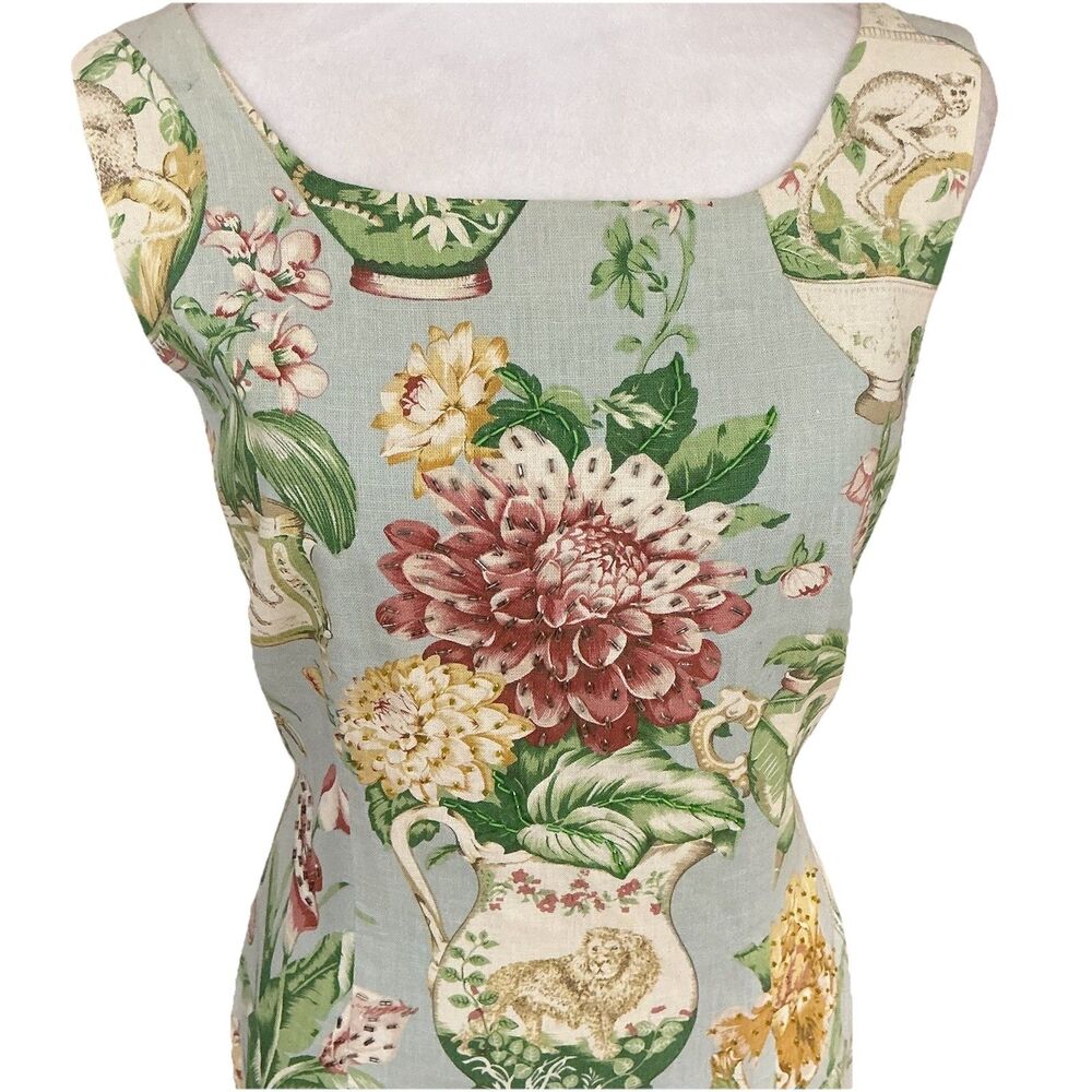 Virgo Chinoiserie Linen Sheath Dress Sz. 10P Beaded Grand Millennial 90’s Floral - Picture 3 of 16